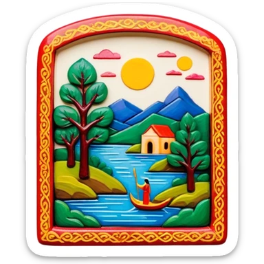 Lacquer miniature on papier-mâché icon, small painted scene on papier-mâché surface, fine brush strokes, vibrant colors, intricate details, minimalistic style, clean lines, transparent background. sticker
