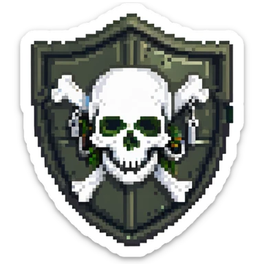 Shield badge with a skull and crossbones and a padlock symbol for cybersecurity, dark color scheme, dangerous looking sticker
