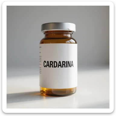 modern pharmaceutical vial with a large and readable label 'CARDARINA', natural light, hyperrealism 4K sticker