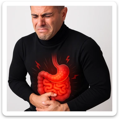 Realistic style image of a man holding his belly with both hands, suffering face, focus on the inflamed intestine with redness and pain symbols. Light background. sticker