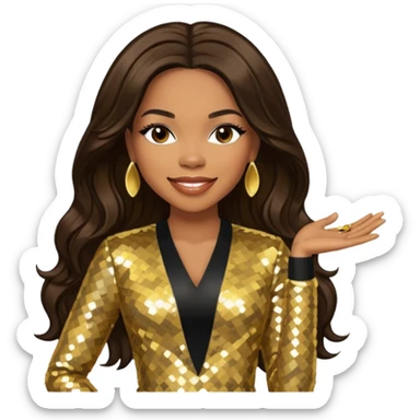 Tenitra Michelle Williams, R&B Singer from Destiny's Child with long dark brown hair, gold sequin outfit, medium dark skin sticker