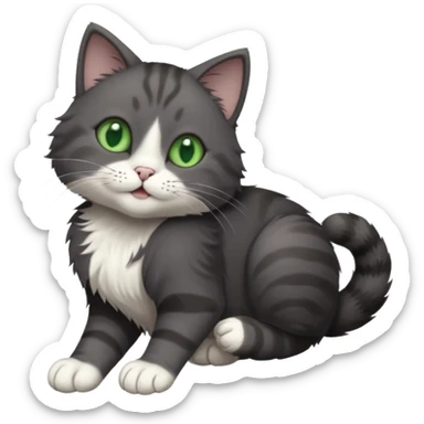 solid dark grey cat with green eyes, white toes/paws and white patch on her chest playfully rolling upside down sticker