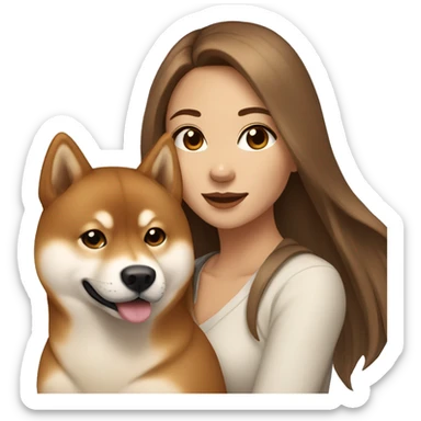 beautiful woman, straight long light brown hair, brown eyes with dog Shiba Inu sticker