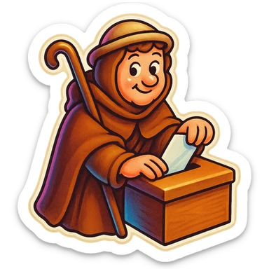 medieval pilgrim dropping a ballot in a box, brown cloak, cute and funny, sticker style sticker