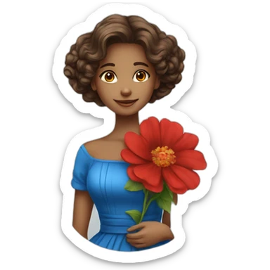 A beatiful girl wear blue and red dress with flower sticker