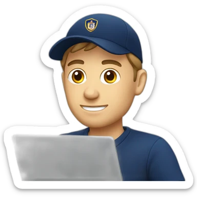 european guy wearing navy cap using laptop sticker