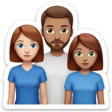 One woman with blue eyes, brown hair, light skin standing next to another woman with darker red brown hair, lighter skin, and green eyes, standing next to a man with no facial hair, blue eyes, and short brown hair sticker