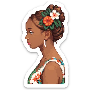 black girl side profile, brown hair in a bun, Hawaiian flower in hair sticker