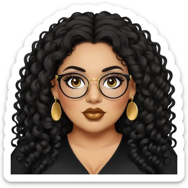 big plus size, latina, darker tan skin, long black curly hair, baddie,pretty, makeup, lipliner, black eyeliner, long hair, small gold earrings, black top, black glasses sticker