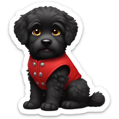 solid black fluffy puppy wearing red vest sticker