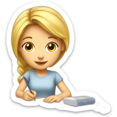 White Smart girl doing Homework on a desk writing on a pice of paper sticker