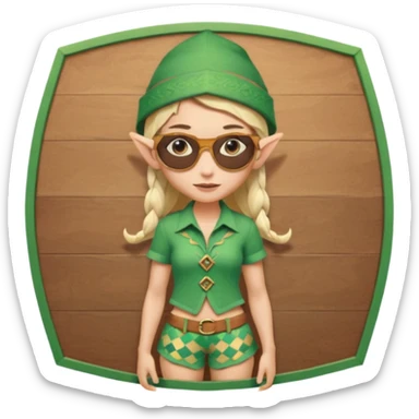 elf female legolas portrait, patterned board shorts (geometric/abstract), unique wooden-framed sunglasses, undercut hairstyle, slight smirk, visible pointy ears, no background, centered emoji, hipster summer vibe coctails with summer hat sticker