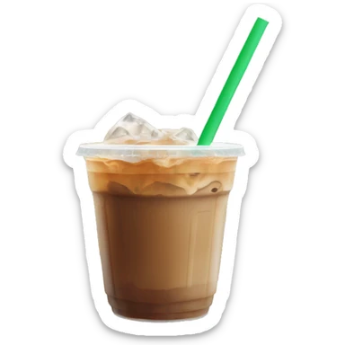 Caramel iced coffee in a clear cup with green straw sticker