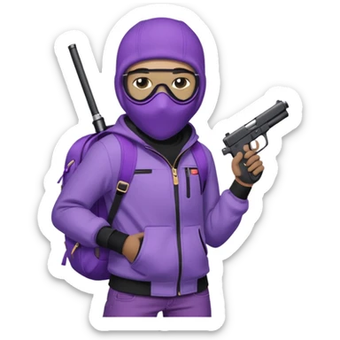 YN wearing a ski mask, holding a gun, purple jeans, Sprayground bookbag, confident stance sticker