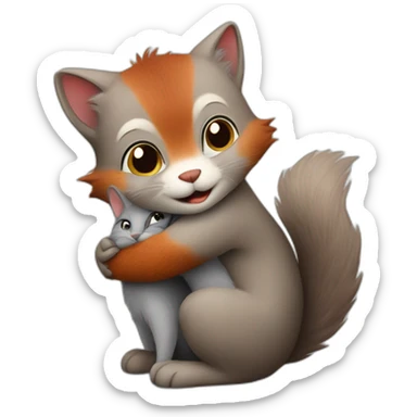 grey cat gently hugs a red squirrel sticker