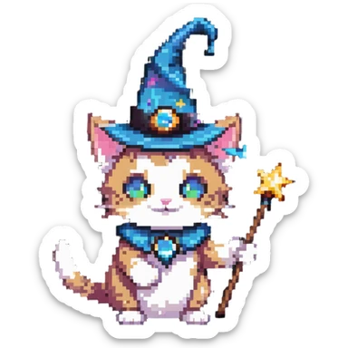 wizard cat with a pointy hat and magic wand sticker
