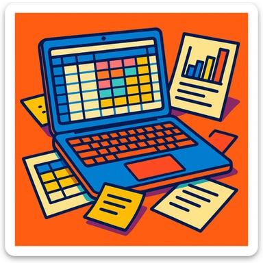 a MacBook with open spreadsheets and paper notes, vibrant cartoon style sticker