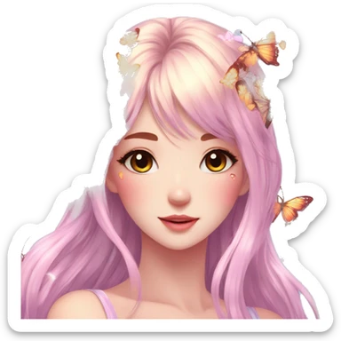 gorgeous shiny anime lady with butterflies and beautiful hair fairycore high quality detailed sticker