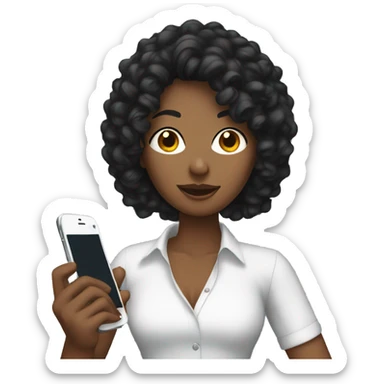 woman with a tall black mullet with curly hair holding a phone sticker