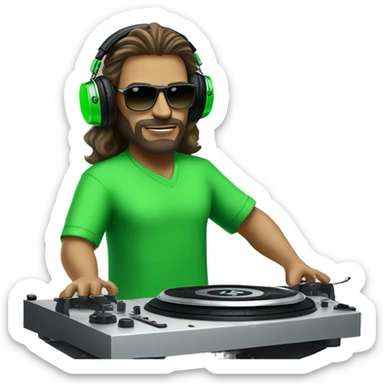 tall dj white man with long luscious hair, shades, headphones and an electric green shirt on that says “365”, on a mixer turntable sticker