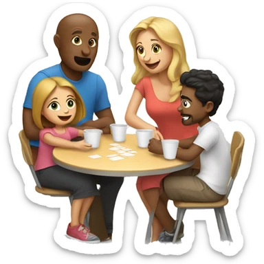 An emoji of a family—mother, father, and child—sitting at a table, playing a cup game with paper cups arranged on the table as they have fun together sticker