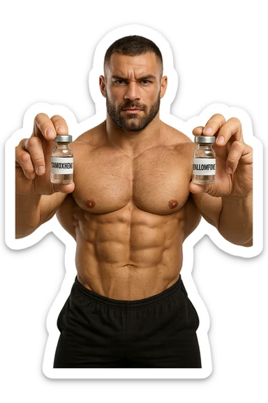 bodybuilder tiene una fiala medica con la scritta "TAMOXIF€NE" NELLA MANO DESTRA E UNA FIALA CON LA SCRITTA €NCL*MIFENE" NELLA MANO SINISTRA sticker