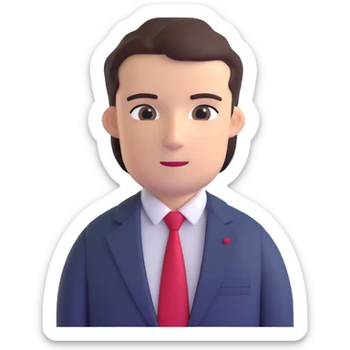 man wearing a dark blue-gray business suit with a white shirt and a red tie sticker