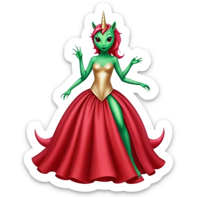 "reptilian green alien woman, in long slim pastel red formal party satin dress with gradient shiny sparkling dark red", rides "unicorn gold and white"
 sticker