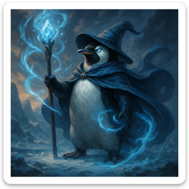 a heroic penguin wizard with a flowing cape, icy blue magic swirling around, epic fantasy style sticker