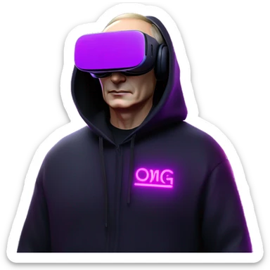 Vladimir Putin wearing a black hoodie with "OMG" letters on it and VR headset oculus quest 2 in a cyberpunk VR environment with violet neon lighting. sticker