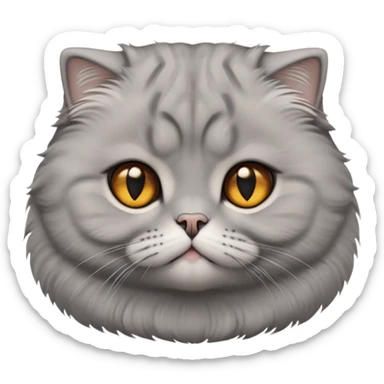 Cinematic-Fluffy-Grey-Scottish-Fold-Cat-Portrait-Emoji – Head tilted cutely with big, sparkling amber eyes, soft solid grey fur, and signature small folded ears pressed gently against its round head, simplified yet irresistibly adorable features, highly detailed, glowing with a soft and warm charm. sticker