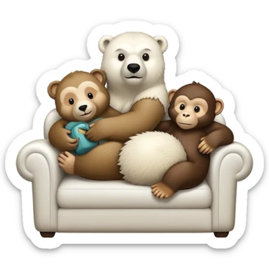 A polarbear a monkey, and an otter on a couch sticker