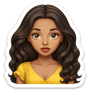 light brown skin tone, very beautiful woman, with big plump lips, long long lashes, black long wavy hair, middle hair parting, brown eyes, yellow dress sticker