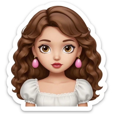 generate a pretty bratz girl with in a white puff sleeve top. lipgloss on . Brown wavy hair long.  sticker