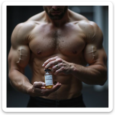 realistic photo of a crossfit athlete holding a vial labeled 'Oxandrolone', tense muscles, bright light, modern gym background sticker