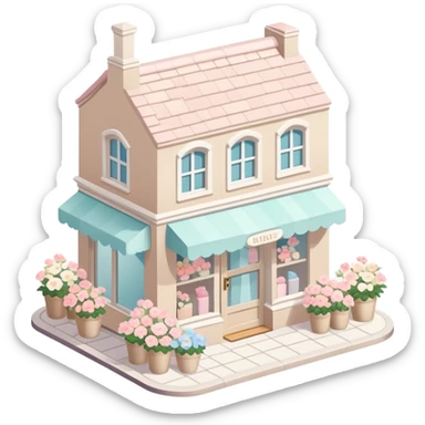 isometric exterior little beige and white shop with abundant pastel florals everywhere sticker