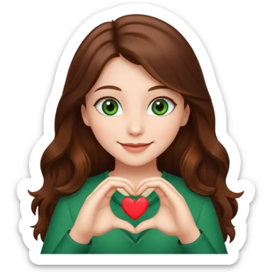 Girl green eyes brown long hair doing hands heart sticker