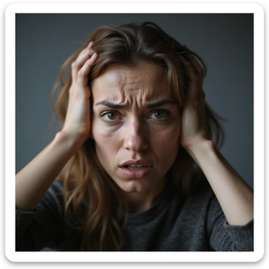 woman with hands in hair, stressed and nervous expression, hyperrealism 4K, variation 2 sticker