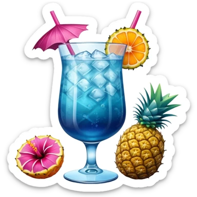 vibrant tropical fruity blue cocktail with hibiscus, pineapple and orange garnishes sticker