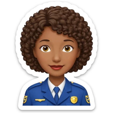Middle-aged Female: dark skin, wearing uniform, approachable face, curly short brown hair sticker