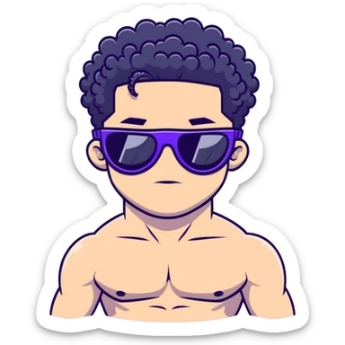 shirtless male athlete with white skin and moderately curly black hair on top with shaved sides, wearing purple sunglasses with black tinted lenses sticker