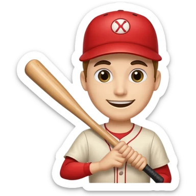 wooden baseball bat with eyes, eyebrows and a smile , holding another bat sticker