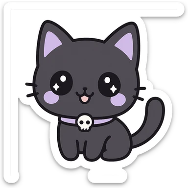 kawaii style gothic cat, happy face, black fur with purple accents, big eyes, tiny skull collar, fun and cute sticker