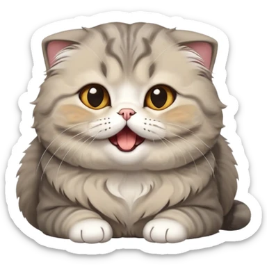 Cinematic-Adorable-Scottish-Fold-Cat-Portrait-Emoji – Big-eyed, fluffy Scottish Fold cat with a playful head tilt and a cute yawn, plush solid-grey fur, signature small folded ears enhancing its round face, simplified yet irresistibly cute features, expressive amber eyes filled with quiet curiosity, highly detailed with a gentle glow. sticker