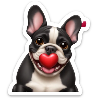 Black and tan colored French bulldog holding Valentine in mouth sticker