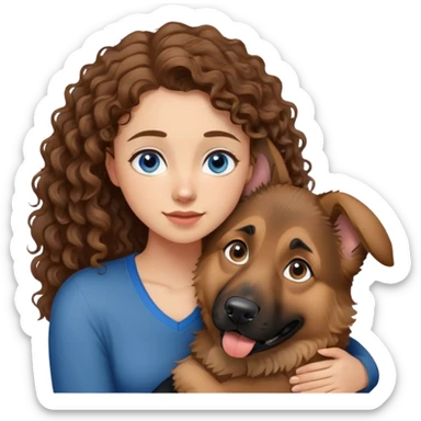 German Shepherd, Young Curly hair woman mit blaue Augen und umarmen  sticker