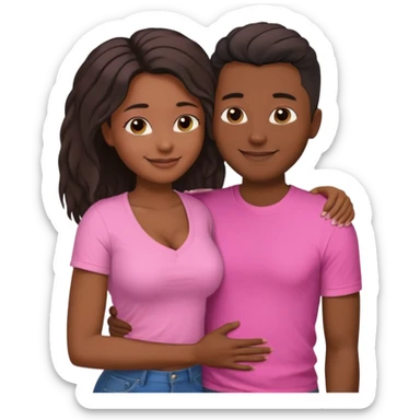 Black lesbian couple with one dark skin masculine with short hair low cut fade with a t shirt with breasts and one feminine with very long hair in a pink blouse hugging  sticker