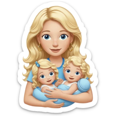Wavy blonde, white woman with blue eyes, freckles hoop earrings, holding babies smiling and really cute in gold hoops she needs to be holding three newborns, and she needs to be more cute than pretty sticker