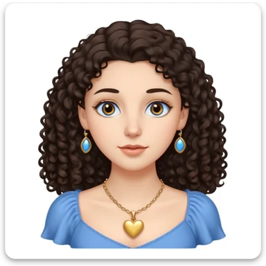 white girl, dark curly hair, big brown eyes, oval face, straight nose, full lips, soft eyebrows, wearing a delicate blue dress, a golden heart necklace, long eyelashes  sticker