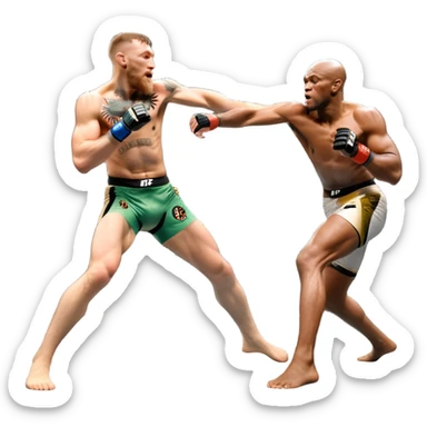 An MMA showdown between Conor McGregor and Anderson Silva in the octagon. McGregor is executing a jumping strike, while Silva skillfully deflects the attack. The background shows the UFC octagon with roaring fans and vibrant energy. Transparent background. sticker